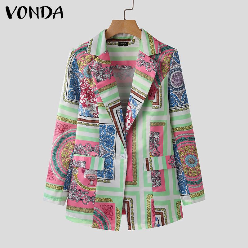 Women Formal Coats 2021 VONDA Spring Long Sleeve Printed Suit Blazers Casual Turn Down Collar Office Jackets Outerwear Veste