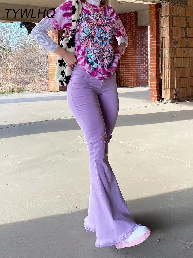 Streetwear  Flared Jeans - High Waist Fashion Purple Stretch