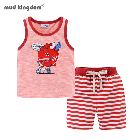 Mudkingdom Summer Boys Outfits Cartoon Sleeveless Casual Tank Tops and Striped Shorts Set for Boys Clothes Cotton Kids Suit