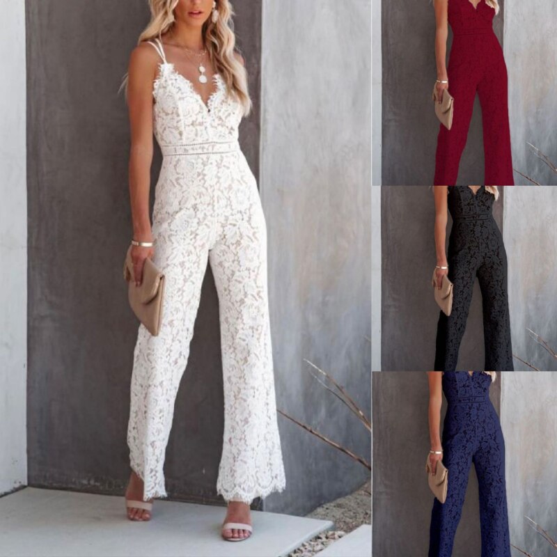 Elegant Office Lady Jumpsuit Sexy Crochet Lace Embroidery Autumn Playsuit Women Summer Sleeveless Strap Party Jumpsuits Overalls