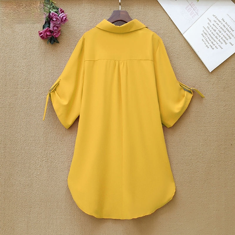 Plus Size Women Solid color Loose Blouse Short Sleeve Turn-Down Collar Button Shirts Chic Oversized Casual Office Mid-length top