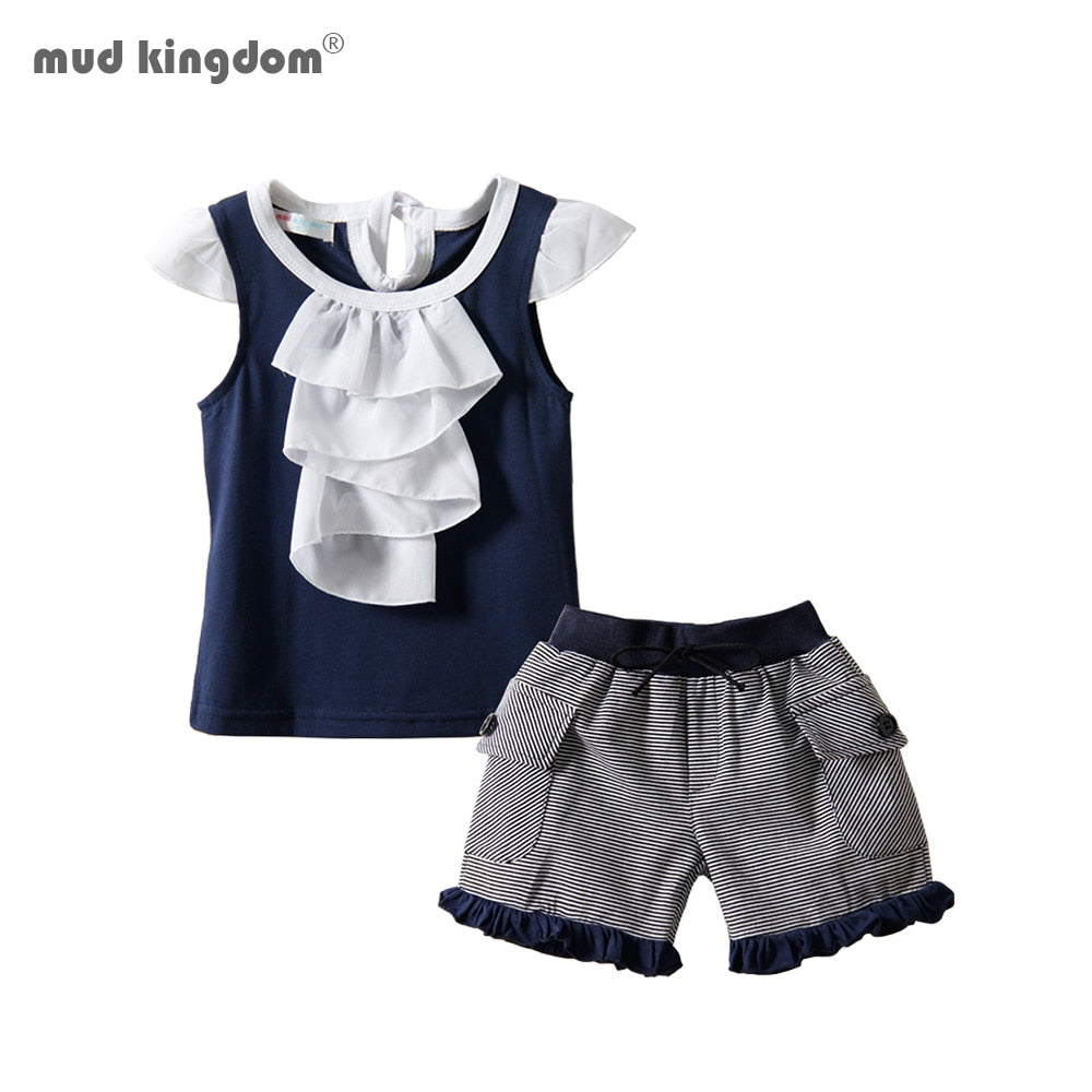 Mudkingdom Girls Outfits Fashion Ruffled Striped Summer Sleeveless Ruffle Sleeve Tshirt and Shorts Suit for Kids Clothes Set