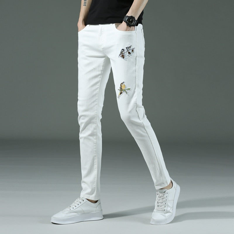 Spring summer New Men&#39;s thin slim White jeans Stretch Embroidery decoration Denim men fashion trousers male Brand Pants chinos