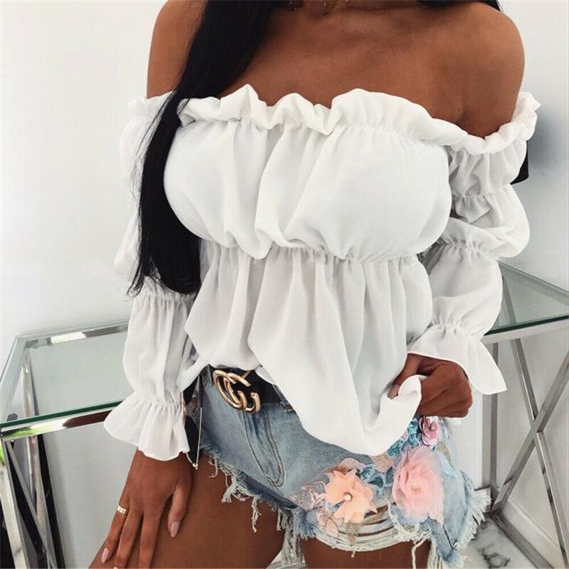 Hirigin 2021 Elegant Women Off Shoulder Chiffon Blouse Fashion Solid Color Pleated Sexy Shirt New Office Street Tops and Blouses