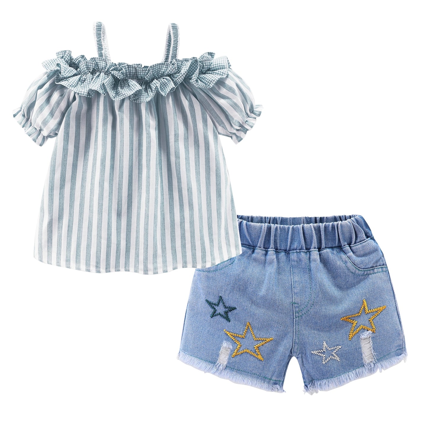 Mudkingdom Girls Outfits Ruffle Collar Striped Tops Denim Shorts Set for Girl Clothes Strap Shirt Jean Shorts Suit Toddler Set