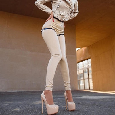 Leather Bright Leggings - High Waist Slim Pants -