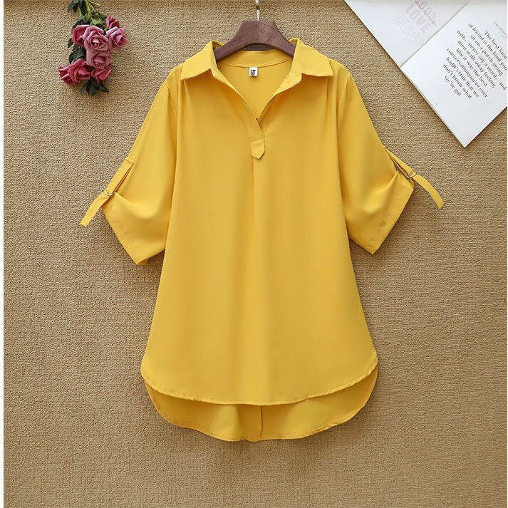 Plus Size Women Solid color Loose Blouse Short Sleeve Turn-Down Collar Button Shirts Chic Oversized Casual Office Mid-length top