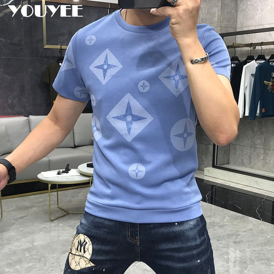 T-Shirt Men Rhinestone Pink Shirt Large Size 4XL New 2022 Summer Personalized Trend High Quality Short Sleeve Tees Male Top