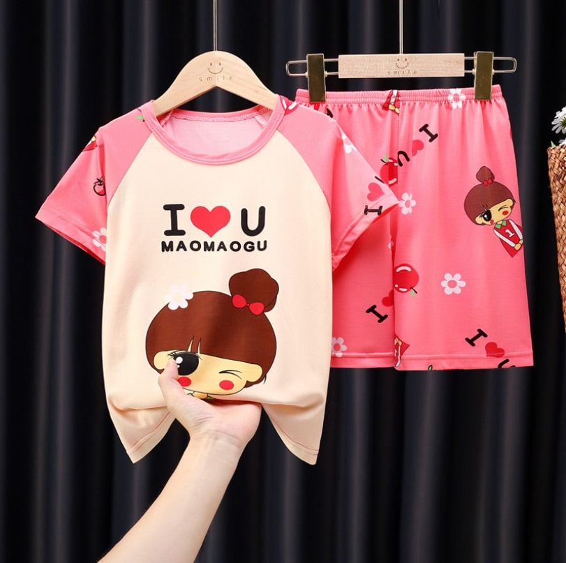 The New Casual Kids Short Sleeve Pajama Set Children Clothing Summer Boys Girls Home Clothes Tops+Shorts Suit Costumes