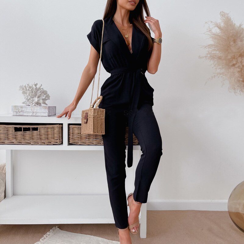 Elegant Office Lady Jumpsuit Turn-down Collar Solid Spring Playsuit 2021 Summer Short Sleeve Lace-up Belted Women Romper Overall