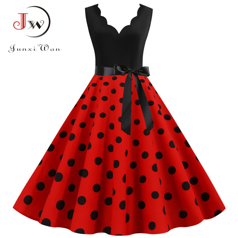 Polka Dot Print Vintage Women Summer Dress Black Patchwork Sleeveless V neck Elegant Party Dresses Casual Robe Midi