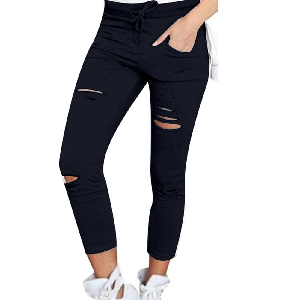 Solid Color Womens trousers Drawstring-High Waist  Skinny Ripped