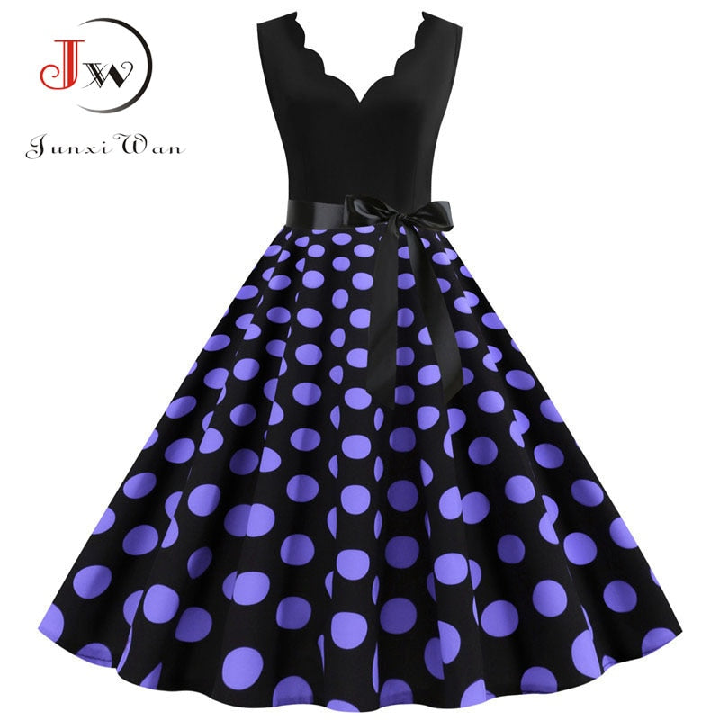 Polka Dot Print Vintage Women Summer Dress Black Patchwork Sleeveless V neck Elegant Party Dresses Casual Robe Midi