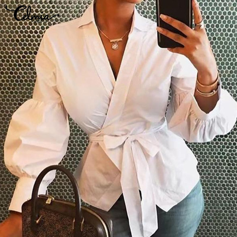 Celmia Women Tops Blouse 2022 Autumn Sexy V-neck Point Dot Elegant Party Shirt Casual Loose Belted Lantern Sleeve Tunic Blusas