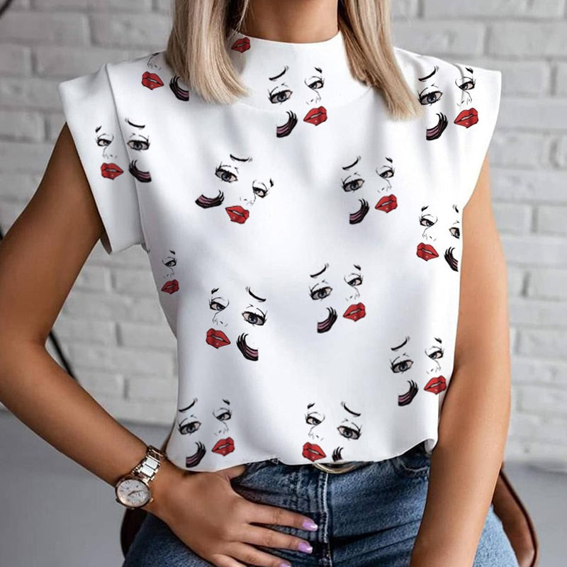 Fashion Women Elegant Lips Print Tops and Blouse Shirts 2021 Summer Ladies Office Casual Stand Neck Pullovers Eye Blusa Tops