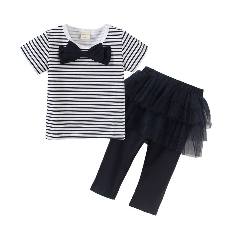 Mudkingdom Summer Toddler Girls Outfits Stripe Bow T-shirt and Tutu Bermuda Shorts for Baby Girl Clothes Suit Kids Short Set