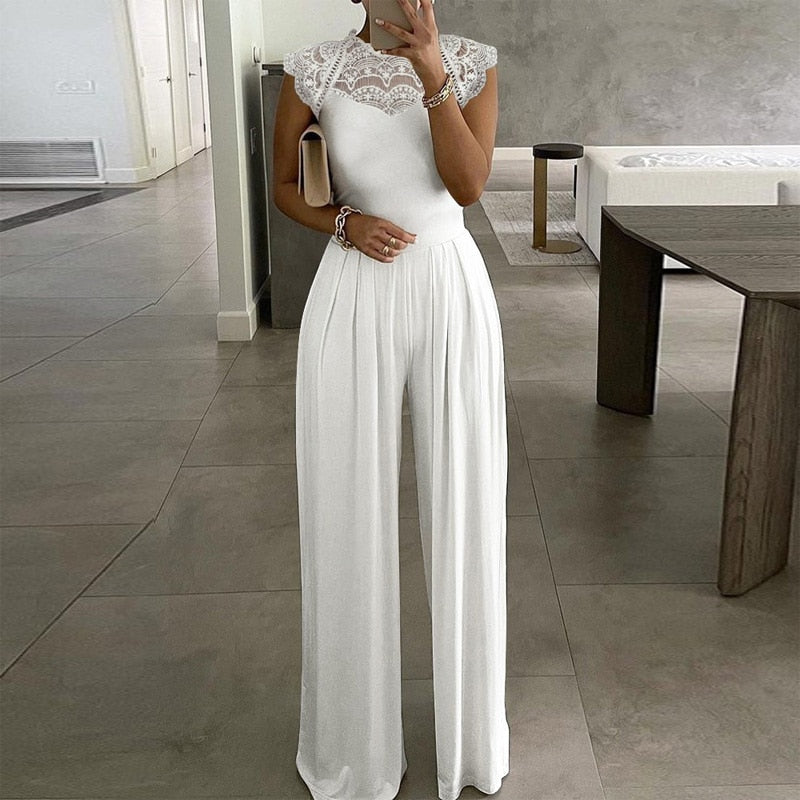 Sexy Hollow Out Sleeveless Women Jumpsuit 2021 Summer Lady Solid Office Lady Top Fashion Embroidery Lace Loose Wide Leg Romper