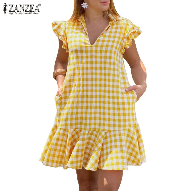 Women Fashion Mini Sundress ZANZEA Elegant V Neck Casual Plaid Print Short Dresses  2022 Summer Sleeveless Ruffle Dress