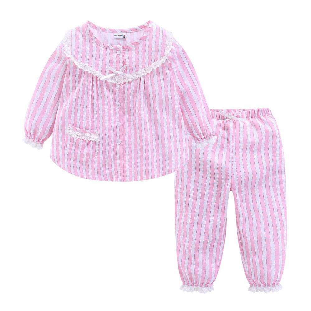 Mudkingdom Boutique Girls Pajama Sets Spring Autumn Cute Lace Striped Heart Toddler Pajamas Kids Sleepwear Sleeping Clothes