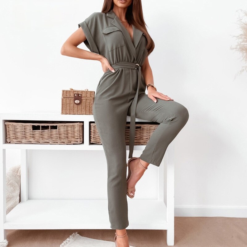 Elegant Office Lady Jumpsuit Turn-down Collar Solid Spring Playsuit 2021 Summer Short Sleeve Lace-up Belted Women Romper Overall