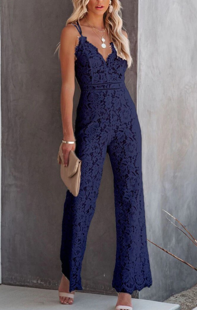 Elegant Office Lady Jumpsuit Sexy Crochet Lace Embroidery Autumn Playsuit Women Summer Sleeveless Strap Party Jumpsuits Overalls