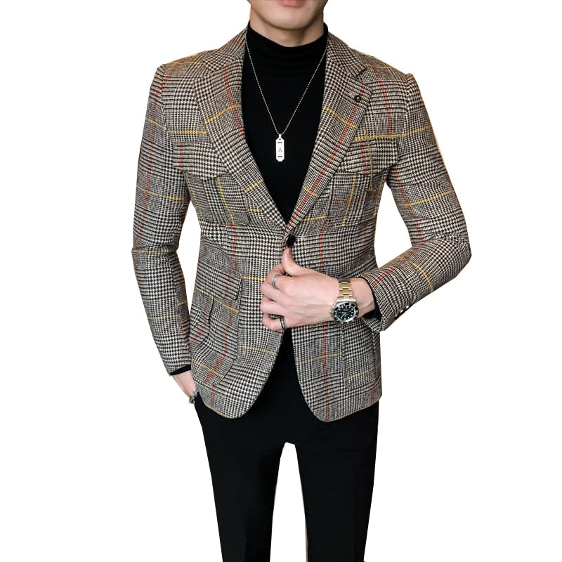 Vintage Plaid Blazer British Stylish Male Blazer Suit Jacket Business Casual Blazer Jacket Terno Masculino Mens Blazer Pattern