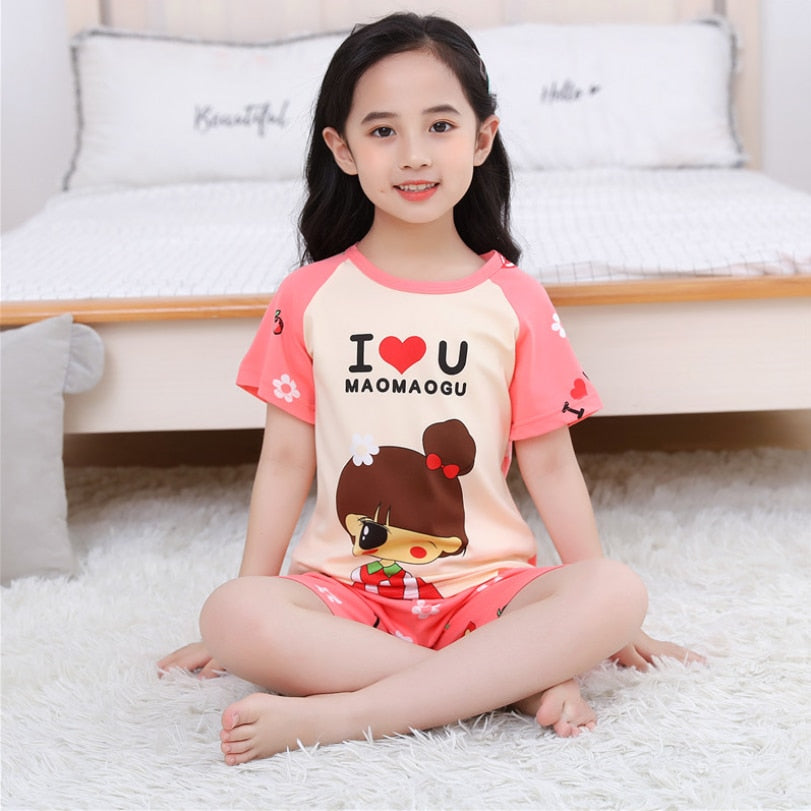 The New Casual Kids Short Sleeve Pajama Set Children Clothing Summer Boys Girls Home Clothes Tops+Shorts Suit Costumes