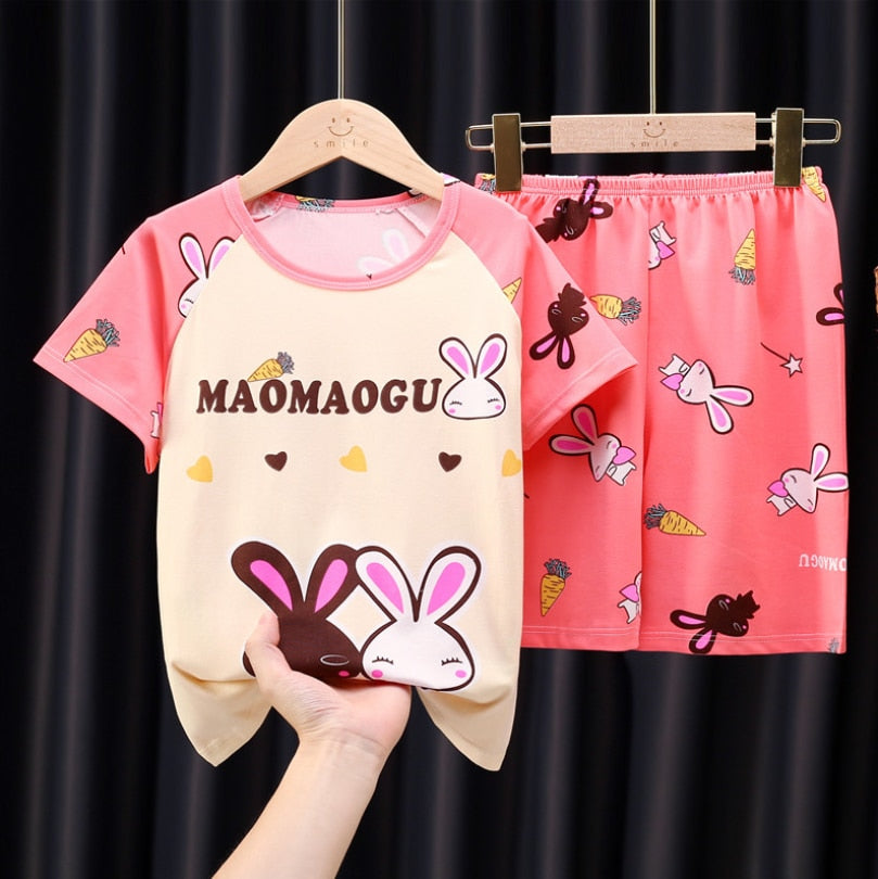 The New Casual Kids Short Sleeve Pajama Set Children Clothing Summer Boys Girls Home Clothes Tops+Shorts Suit Costumes