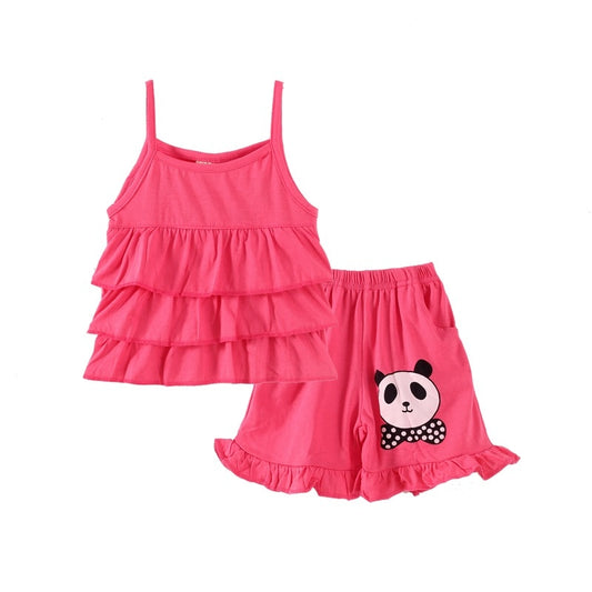 Mudkingdom Cute Girls Outfits Panda Print Ruffle Tank Tops and Shorts Set for Kids Clothes Solid Sleeveless Short Pant Suit Sale