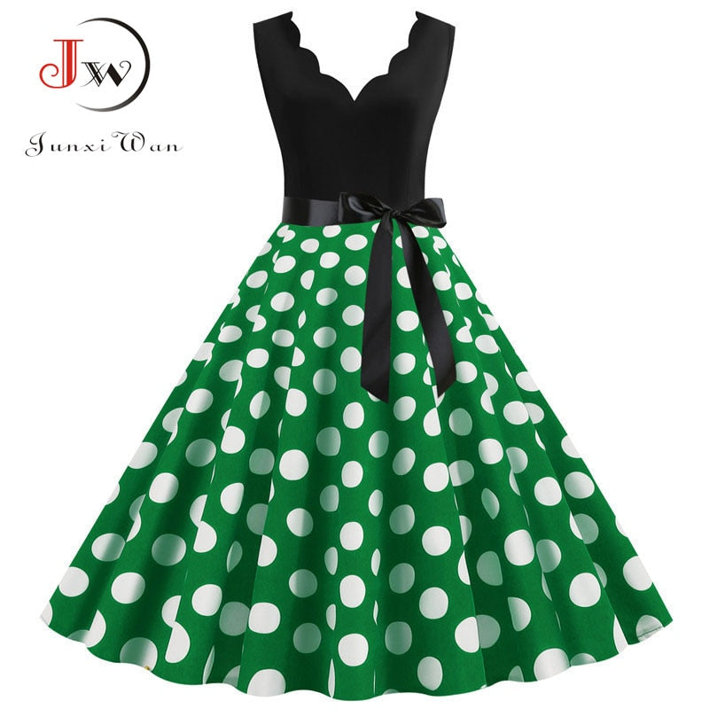 Polka Dot Print Vintage Women Summer Dress Black Patchwork Sleeveless V neck Elegant Party Dresses Casual Robe Midi