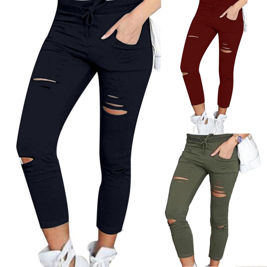 Solid Color Womens trousers Drawstring-High Waist  Skinny Ripped