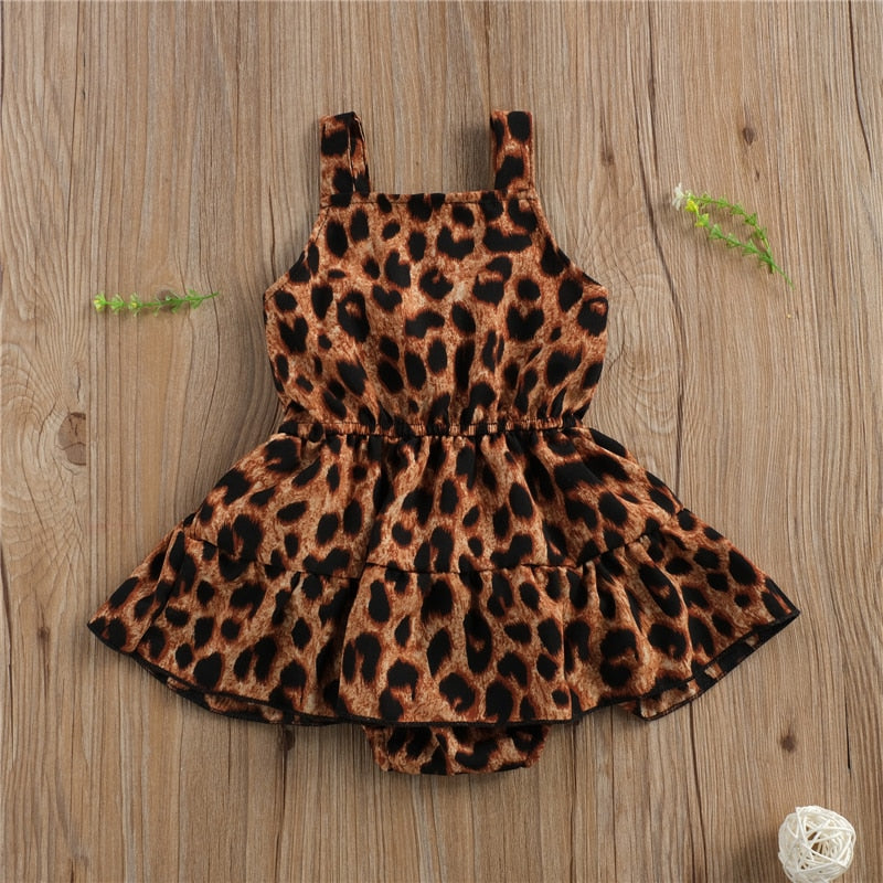 2021 Summer Lovely Infant Baby Girls Romper Dress Leopard Print Ruffles Sleeveless Bowknot Jumpsuits 0-18M