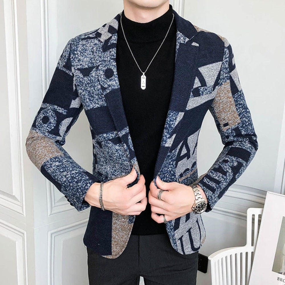 Big Letter Print WoolBlend Tweed Blazer Men 2020 Fall Winter Art Men Blazer Jacket Slim Fit Party Prom Club Pattern Blazer Homme