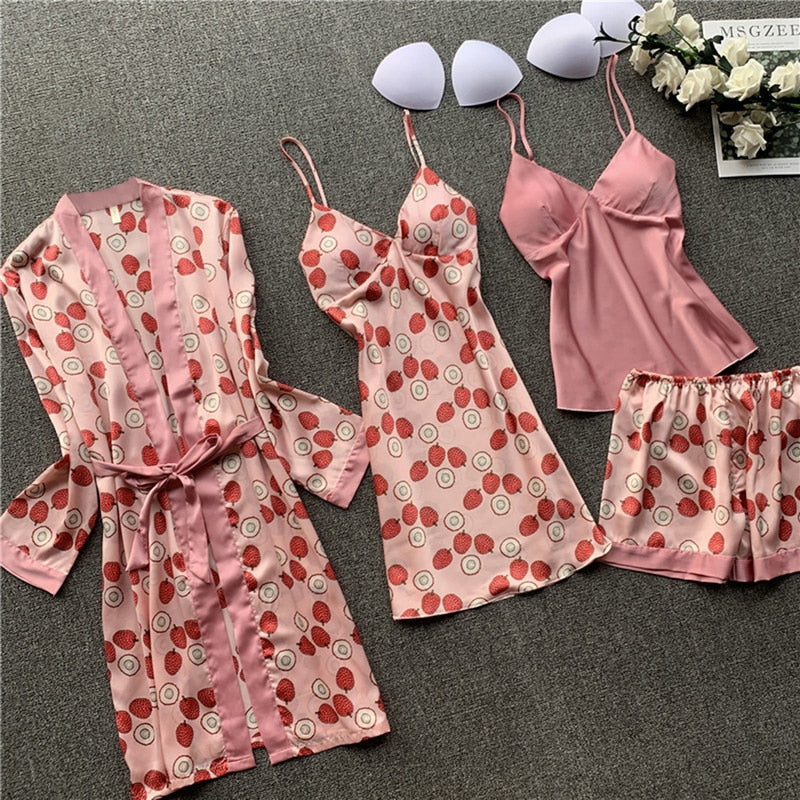 Pajamas for Women Pijama Mujer 4 Piece Set Sexy Ladies Pyjama Sleepwear Women Pajama Sets Sleep Lounge with Chest Pads Home Wear