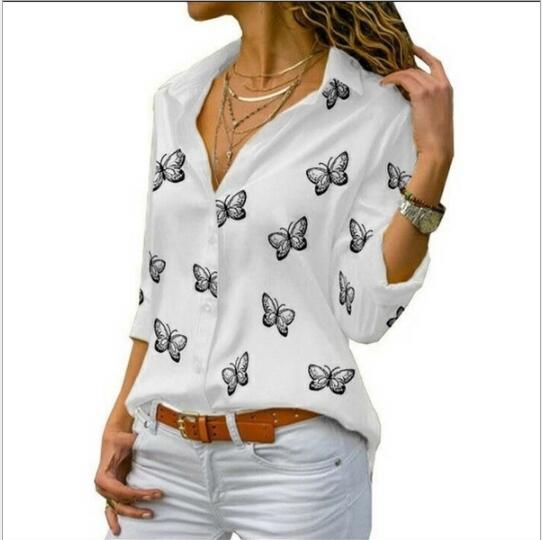 Fashion Butterfly Print Casual Blouse Long Sleeve Elegant Women Tops Single Row Button Streetwear Ladies Black White Shirt