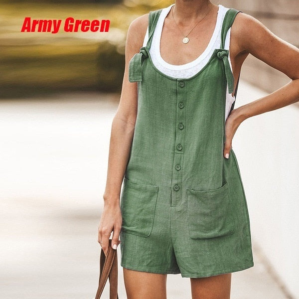 Summer Women Sleeveless Overalls Elegant Jumpsuits Romper Casual Vintage Ladies Short Pants Cotton and linen Wide Leg Pants