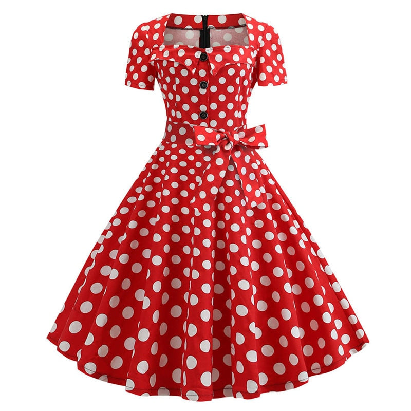 Summer Vintage Dresses for Women 50s 60s Short Sleeve Elegant Polka Dot Print A-line Party Dress With Belt Robe Femme