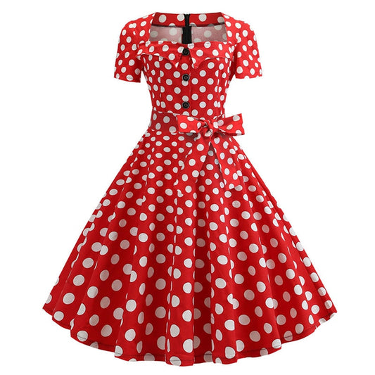 Summer Vintage Dresses for Women 50s 60s Short Sleeve Elegant Polka Dot Print A-line Party Dress With Belt Robe Femme