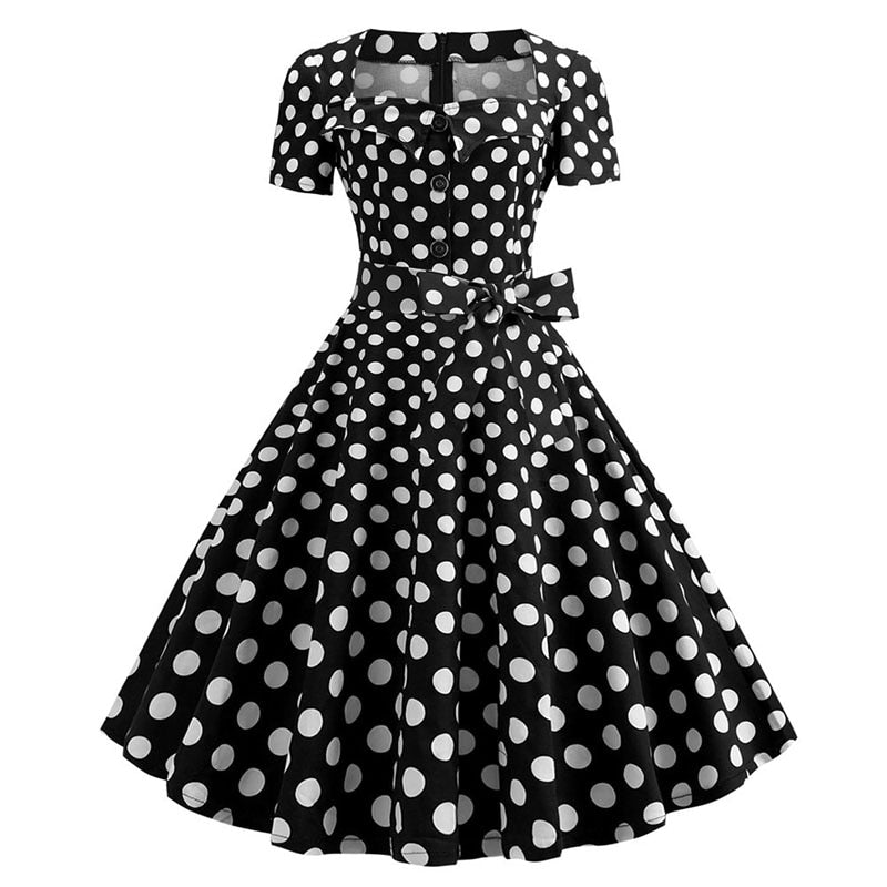 Summer Vintage Dresses for Women 50s 60s Short Sleeve Elegant Polka Dot Print A-line Party Dress With Belt Robe Femme