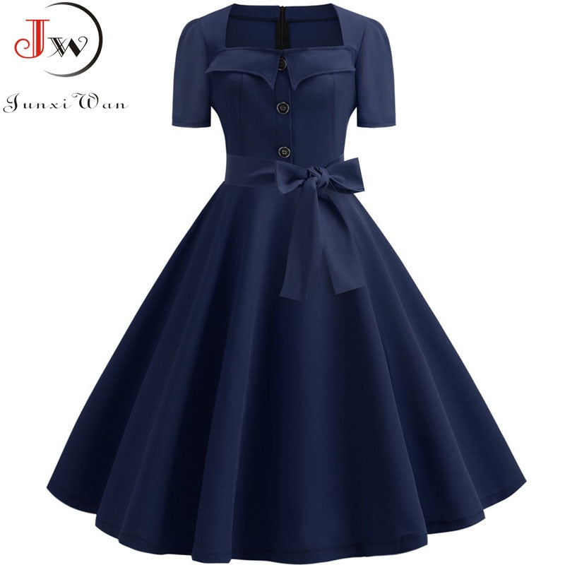 Summer Vintage Dresses for Women 50s 60s Short Sleeve Elegant Polka Dot Print A-line Party Dress With Belt Robe Femme