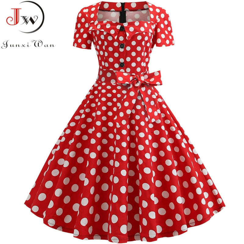 Summer Vintage Dresses for Women 50s 60s Short Sleeve Elegant Polka Dot Print A-line Party Dress With Belt Robe Femme