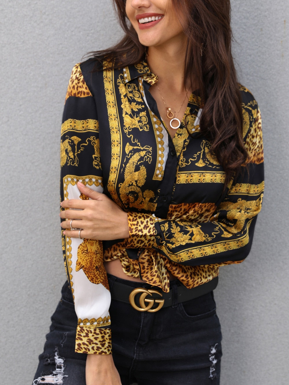 2021 Spring Women Elegant Party Loose Button Shirt Turn-down Collar Female Leopard Print Knot Front Long Sleeve Blouse