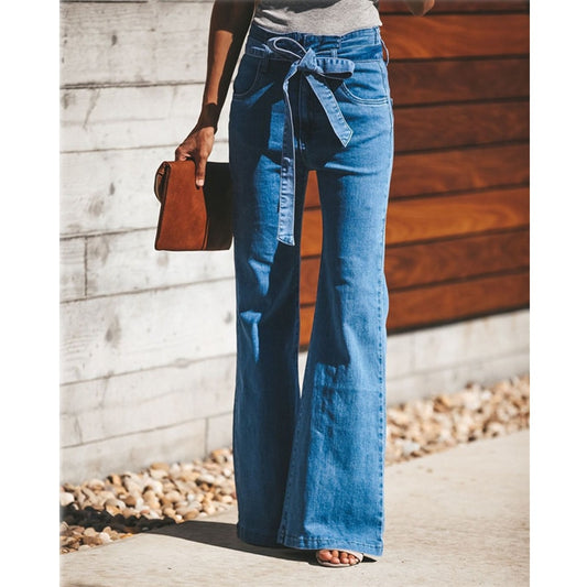 Blue Tie Waist Flare Jeans