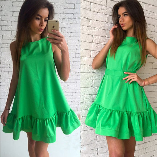 2021 New Hot Summer Fashion Sleeveless O-Neck  Women Dress Loose Casual Solid Color Ruffles Sweet Cute Mini Dress Vestidos 2XL