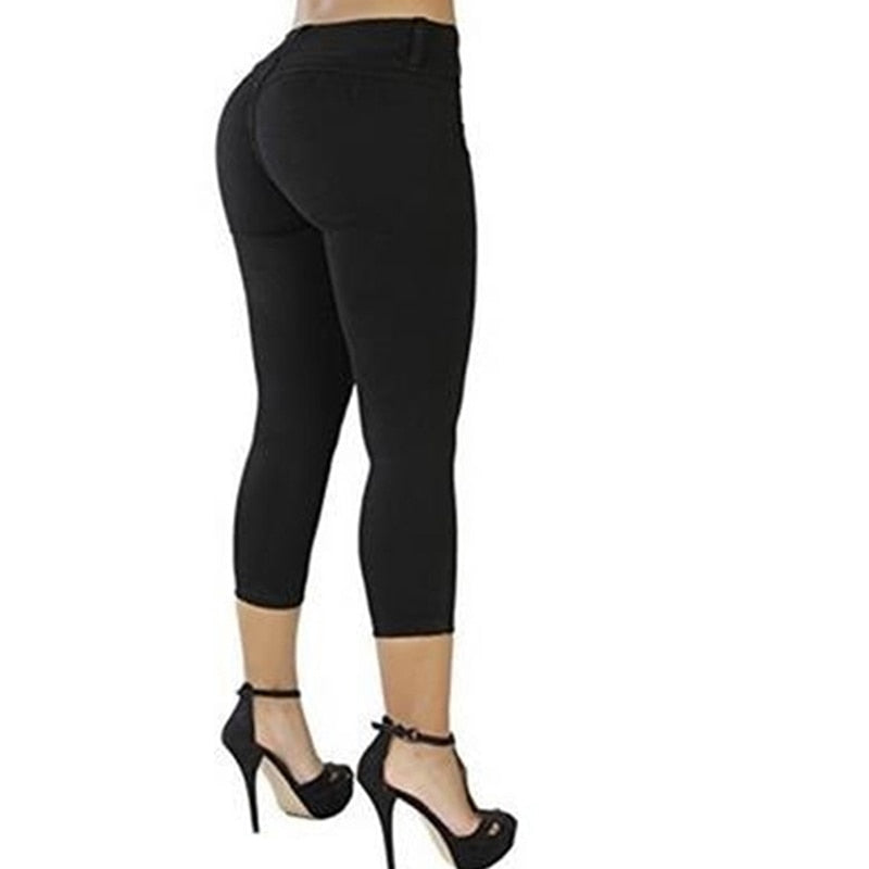 2022 Women Sexy Casual Cropped Pants Solid Color Button Fly Waist Slim Trousers Breathable Elastic Pencil Pants