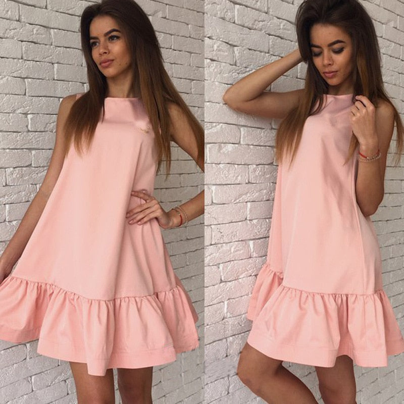 2021 New Hot Summer Fashion Sleeveless O-Neck  Women Dress Loose Casual Solid Color Ruffles Sweet Cute Mini Dress Vestidos 2XL