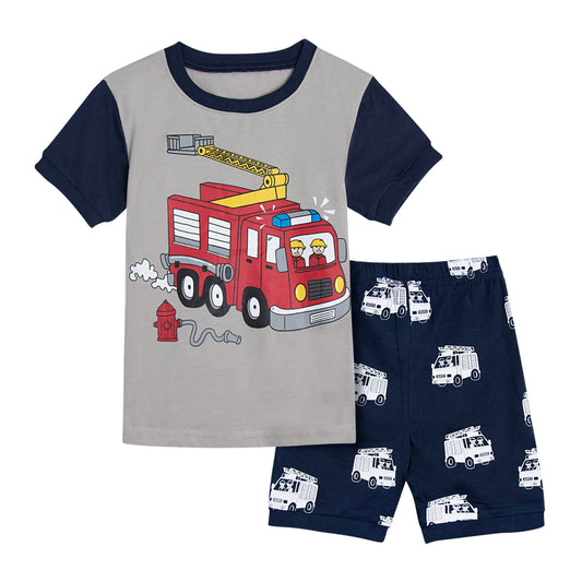 Kids Boys Girl Pajamas Set Toddler Unicorn Fireman Police Loungewear Children Cartoon Excavator Fire Truck Sleepwear Summer 2PCS