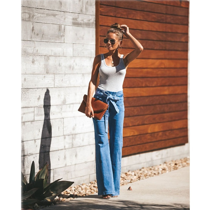 Blue Tie Waist Flare Jeans