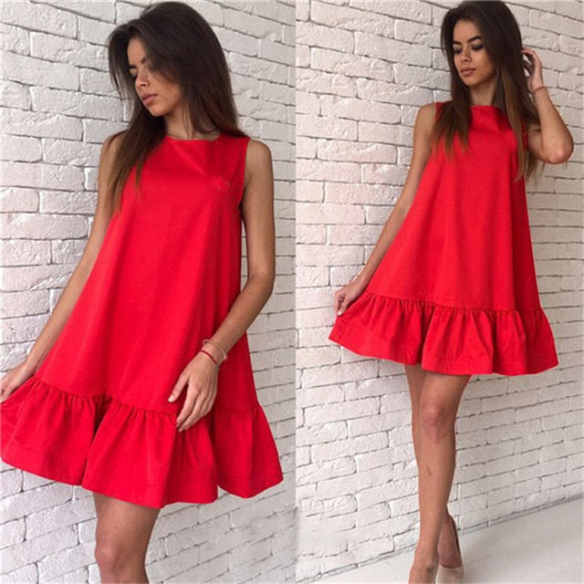 2021 New Hot Summer Fashion Sleeveless O-Neck  Women Dress Loose Casual Solid Color Ruffles Sweet Cute Mini Dress Vestidos 2XL