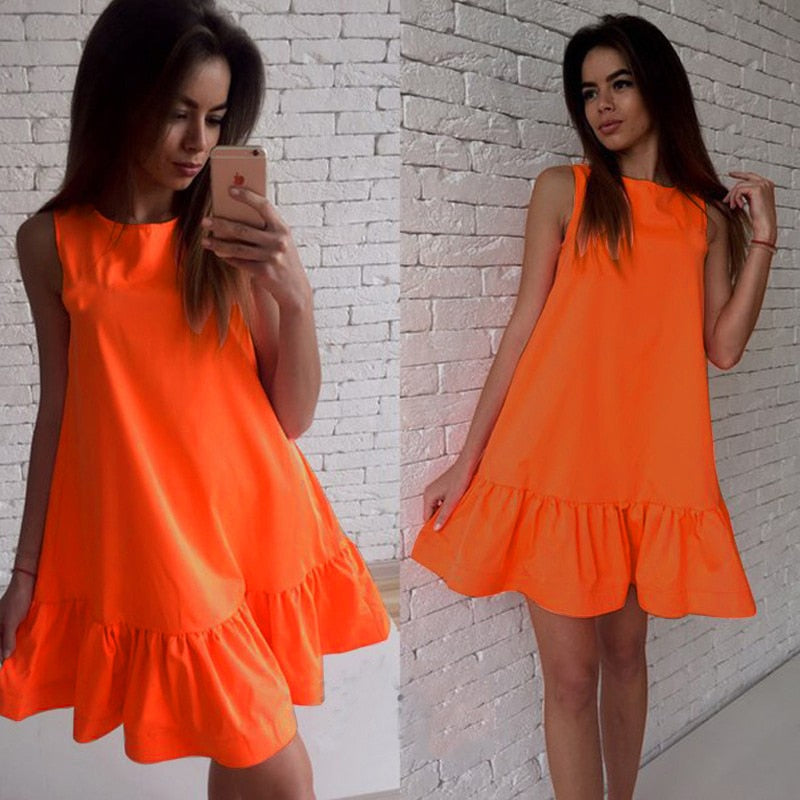 2021 New Hot Summer Fashion Sleeveless O-Neck  Women Dress Loose Casual Solid Color Ruffles Sweet Cute Mini Dress Vestidos 2XL